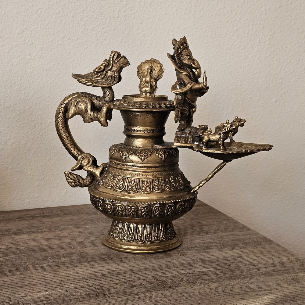 Vintage Bronze Asian Oil Lamp Deity Ganesh With Dragon 10" Tall